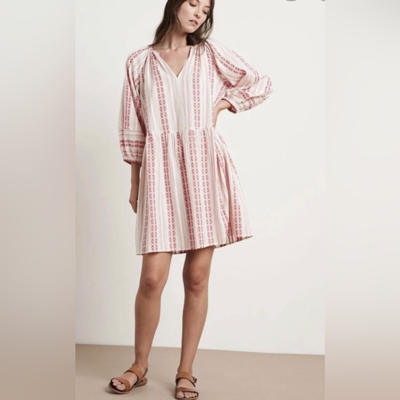 Velvet by Graham & Spencer Women's Boho Red White Long Sleeve Chambre Dress M - Picture 1 of 8